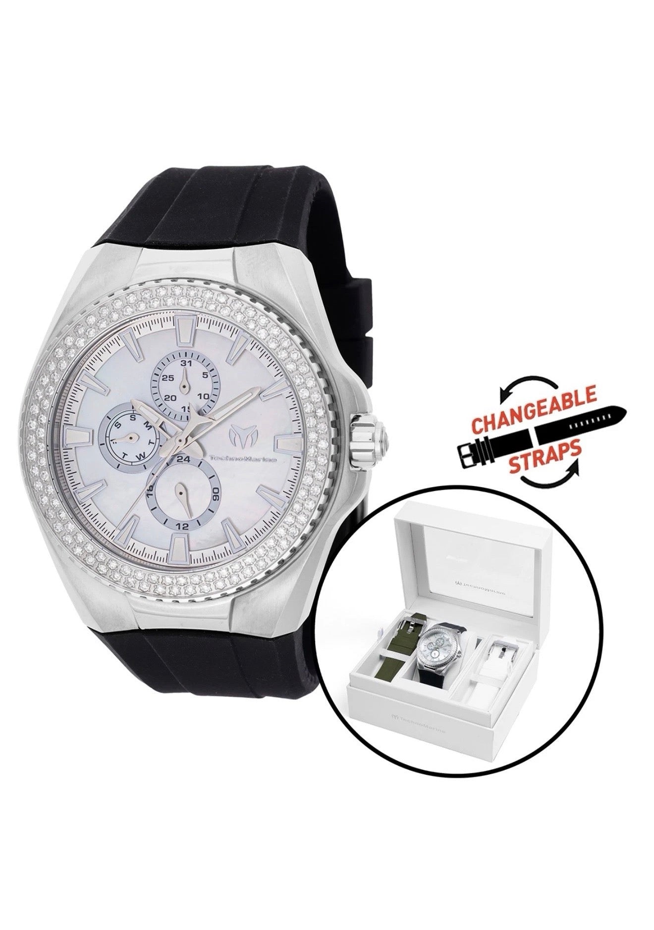 TechnoMarine Men's TM-124024 0.5 Carat Diamond 45mm Silver with 3 straps
