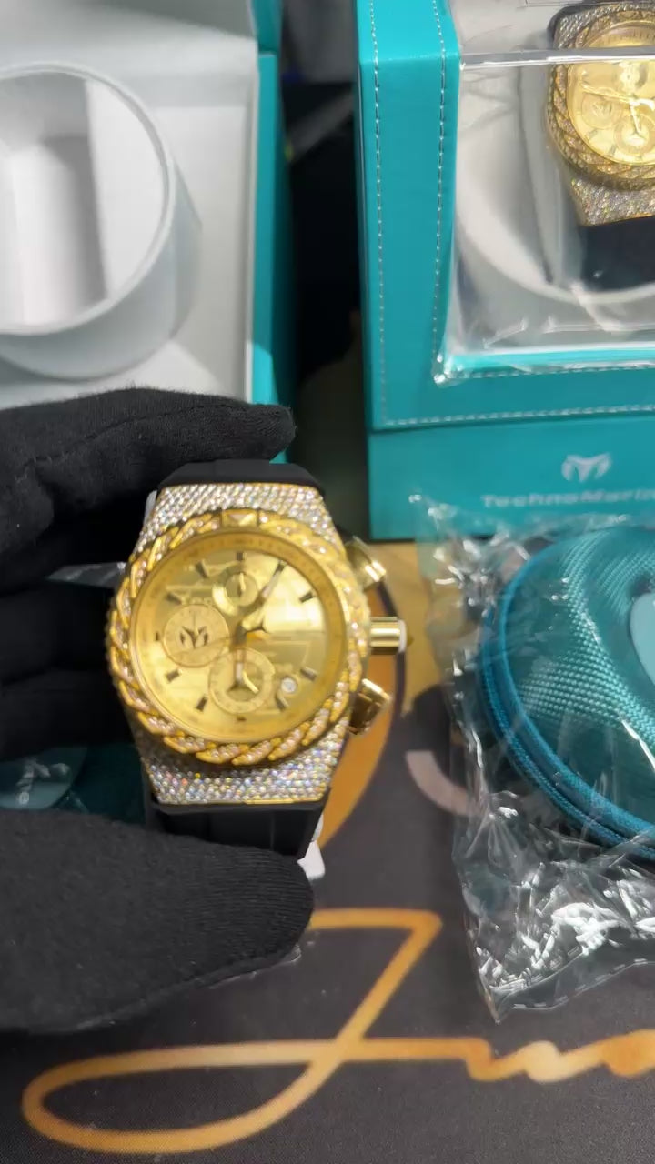 TechnoMarine Full Moissanite Custom TM-125012  Glitz Gold Dial/Strap 44.5mm
